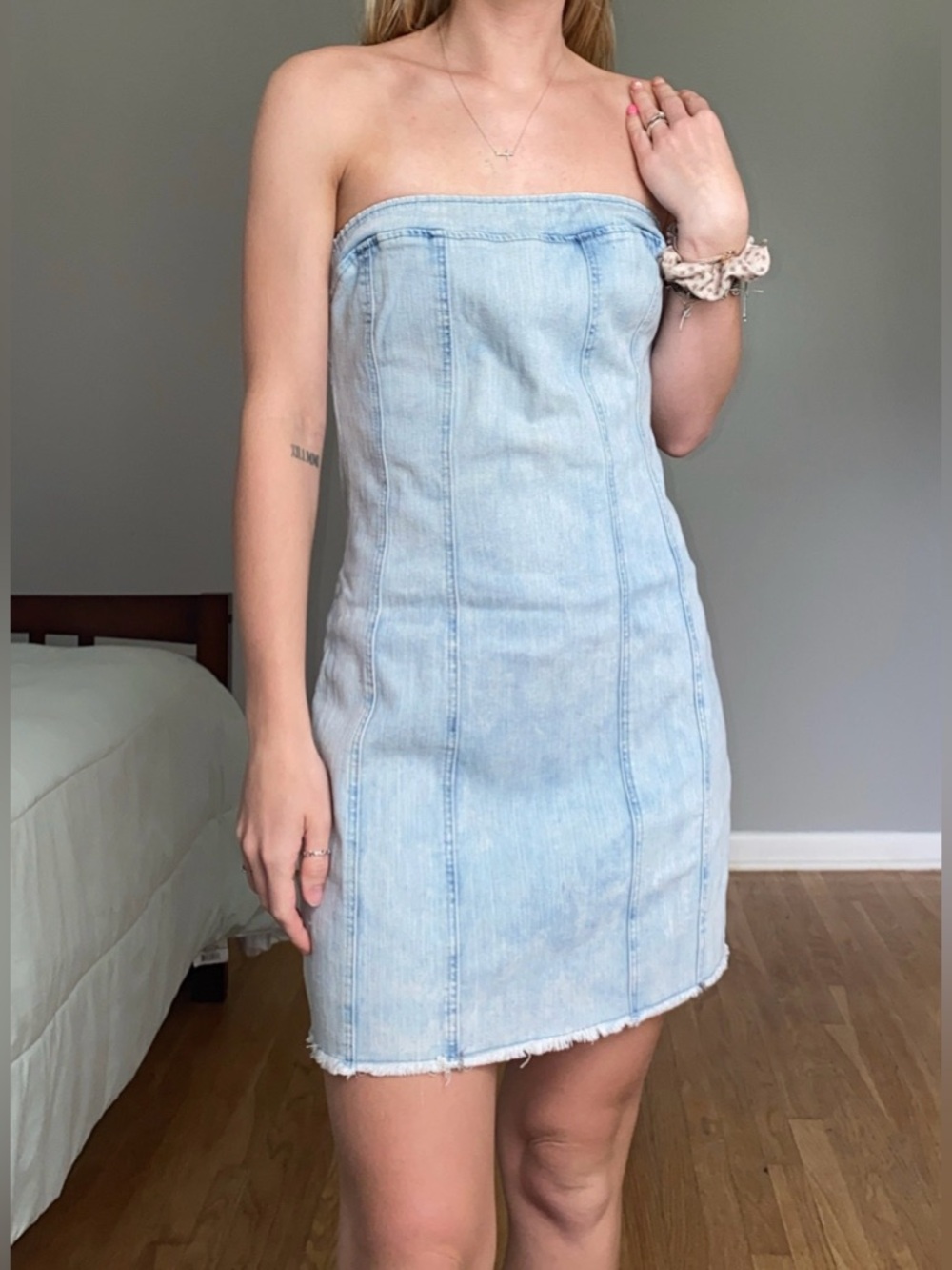 SHEIN Light Blue Strapless Denim Mini Dress